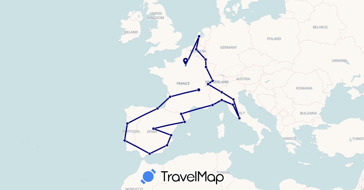 TravelMap itinerary: driving in Andorra, Belgium, Switzerland, Spain, France, Italy, Luxembourg, Monaco, Netherlands, Portugal (Europe)